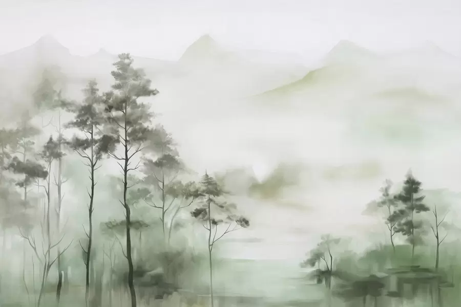 Valokuvatapetti Sumuiset maisemat, joissa on korkeita puita ja vuoria, hillityt vihreät ja harmaat sävyt, minimalistinen tyyli, tekstuurinen w09469