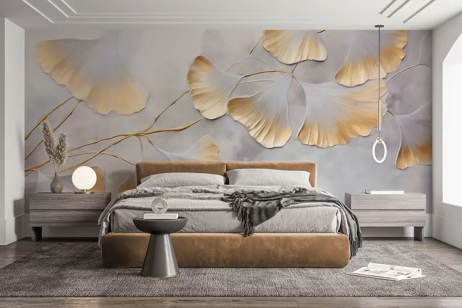 Valokuvatapetti Ginkgo biloba -lehdet, joiden reunat ovat keltaiset, oksalla, harmaa teksturoitu tausta, tyylikäs ja minimalistinen muotoilu w09472