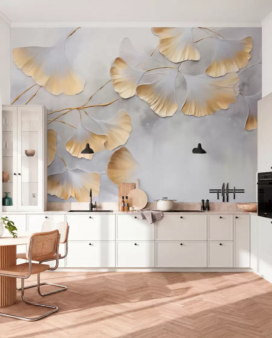 Valokuvatapetti Ginkgo biloba -lehdet, joiden reunat ovat keltaiset, oksalla, harmaa teksturoitu tausta, tyylikäs ja minimalistinen muotoilu w09472