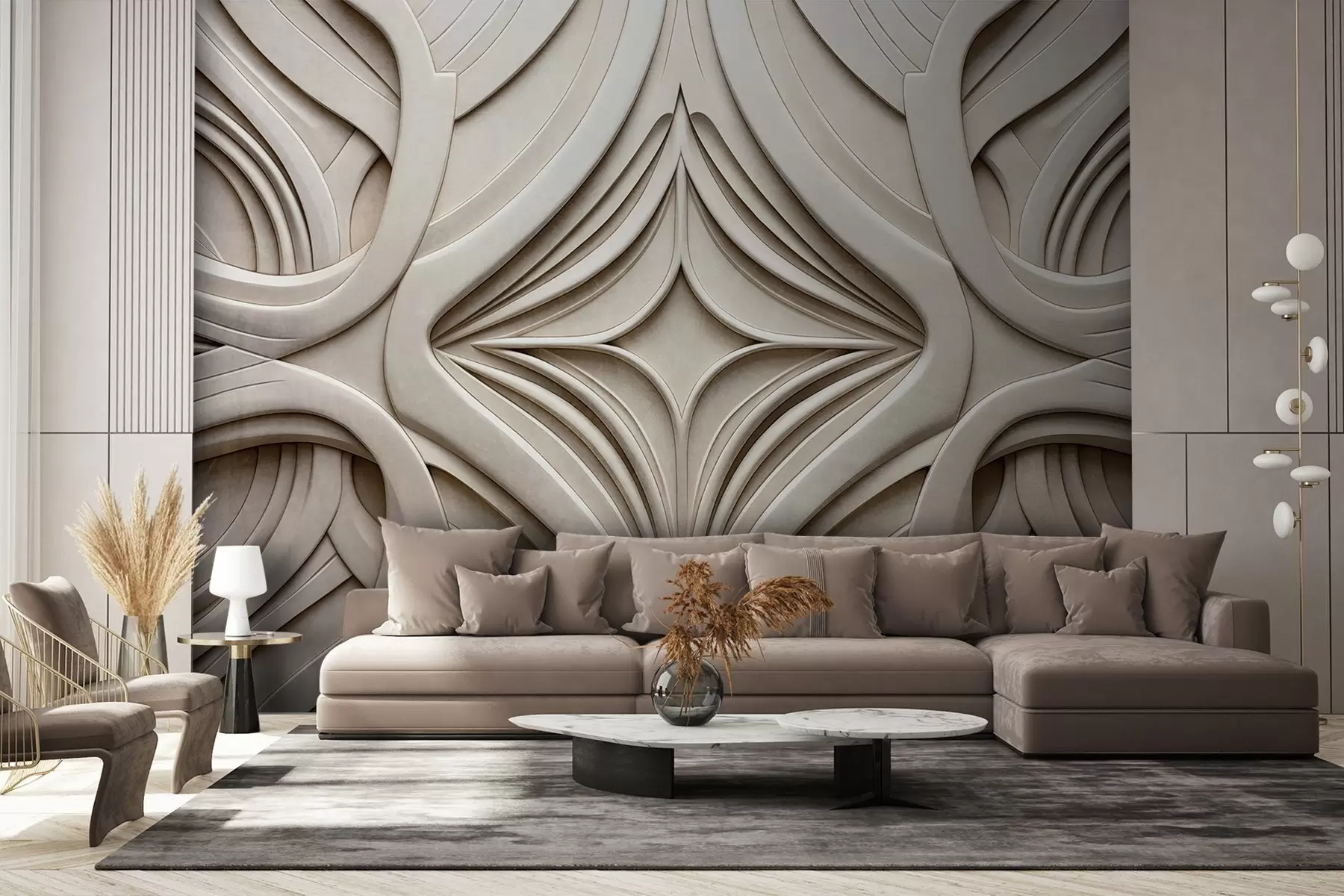 Valokuvatapetti Abstrakti symmetrinen teksturoitu geometrinen kuosi, vaaleanbeige väri, art deco -tyyli, monimutkaiset yksityiskohdat w09473