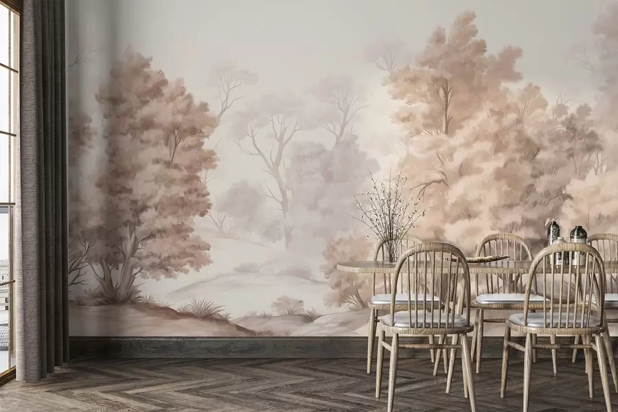 Valokuvatapetti Teksturoitu maisemamaalaus, joka jäljittelee metsää, jossa on korkeita puita ja ruohoa, hillittyjä ja pehmeitä värejä, rauhoittava näkymä w09474