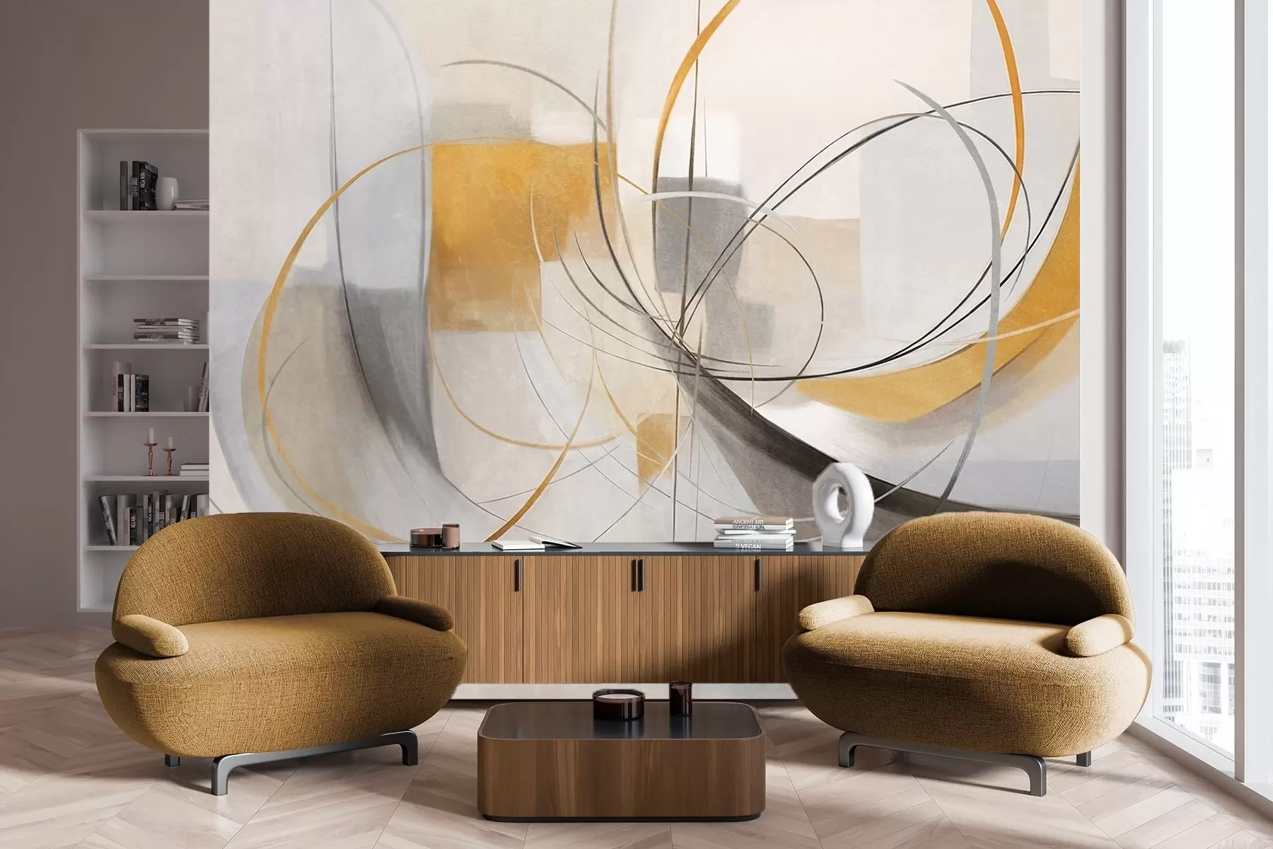 Valokuvatapetti Abstrakti, teksturoitu moderni maalaus tyylillä, jossa on kaarevia viivoja ja geometrisia muotoja harmaan, valkoisen ja oranssin sävyissä w09476