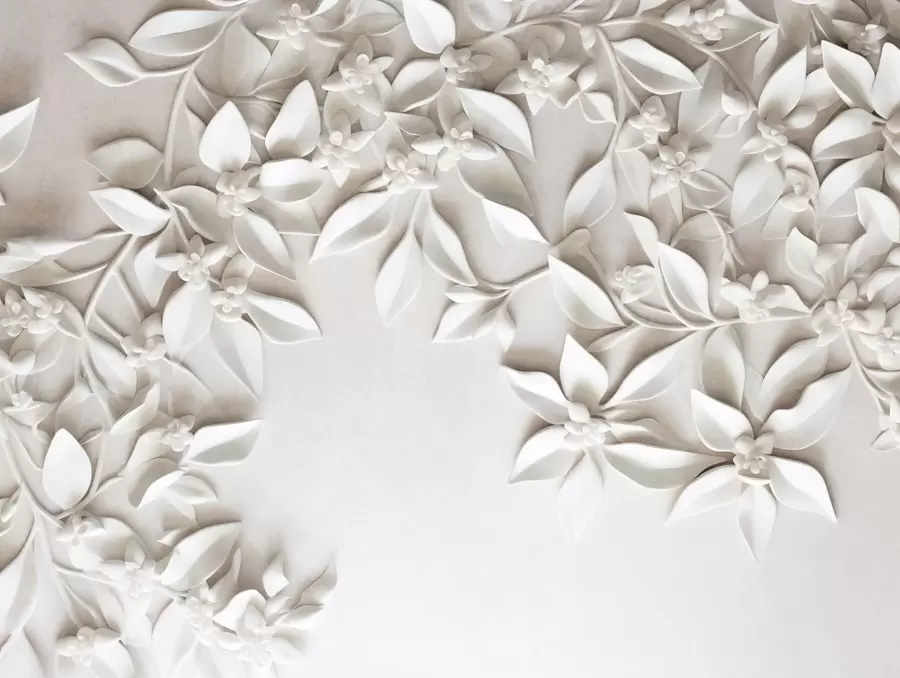 Valokuvatapetti Valkoiset teksturoidut kukat ja lehdet, kukka-asetelma, tyylikäs muotoilu, minimalistinen tyyli, koristeellinen taide w09479