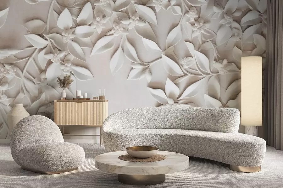 Valokuvatapetti Valkoiset teksturoidut kukat ja lehdet, kukka-asetelma, tyylikäs muotoilu, minimalistinen tyyli, koristeellinen taide w09479