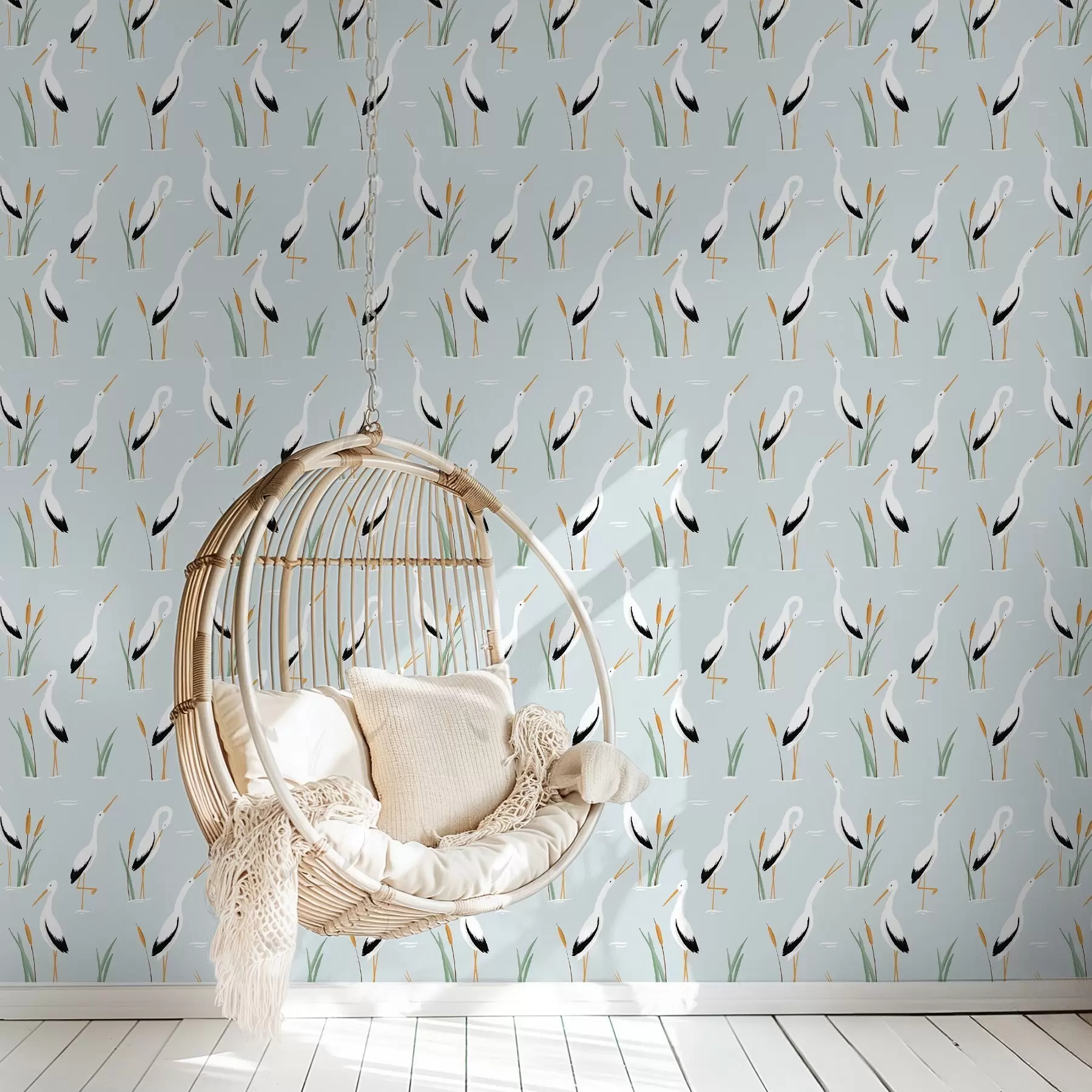 Valokuvatapetti Sorsia ruovikossa pehmeällä sinisellä taustalla a00650v1