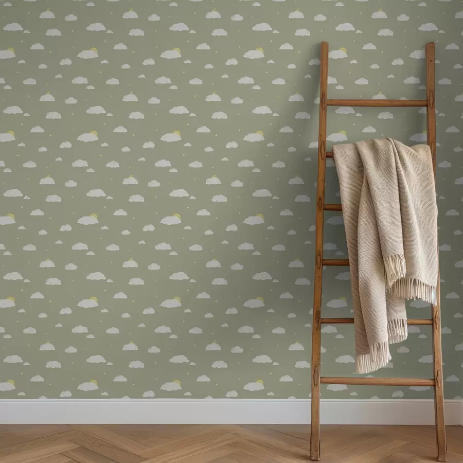 Valokuvatapetti Pehmeät pilvet, tähdet ja aurinko vihertävän harmaalla taustalla a00652v1