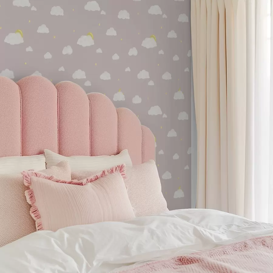 Valokuvatapetti Pehmeät pilvet, tähdet ja aurinko vaaleanpunertavan harmaalla taustalla a00652v2