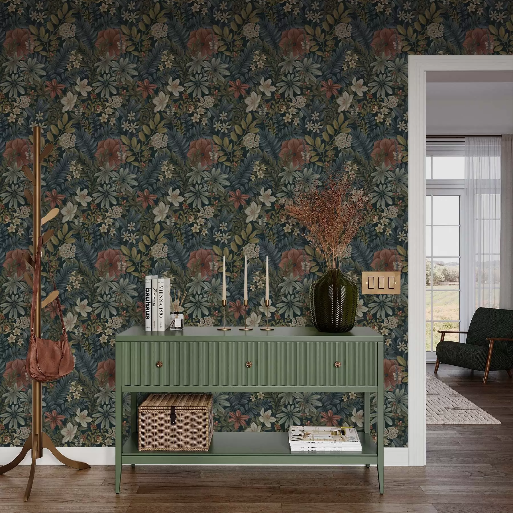 Valokuvatapetti Tumma tausta, jossa tiheästi lämpimän sävyisiä kukkia ja lehtiä a00678