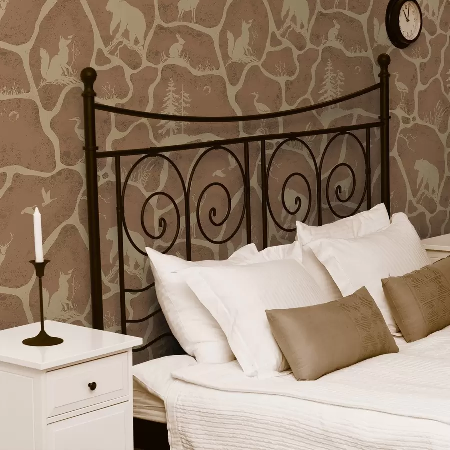 Valokuvatapetti Eläinten ja puiden siluetit luonnonmaisemassa, jossa on kivipinta a00727