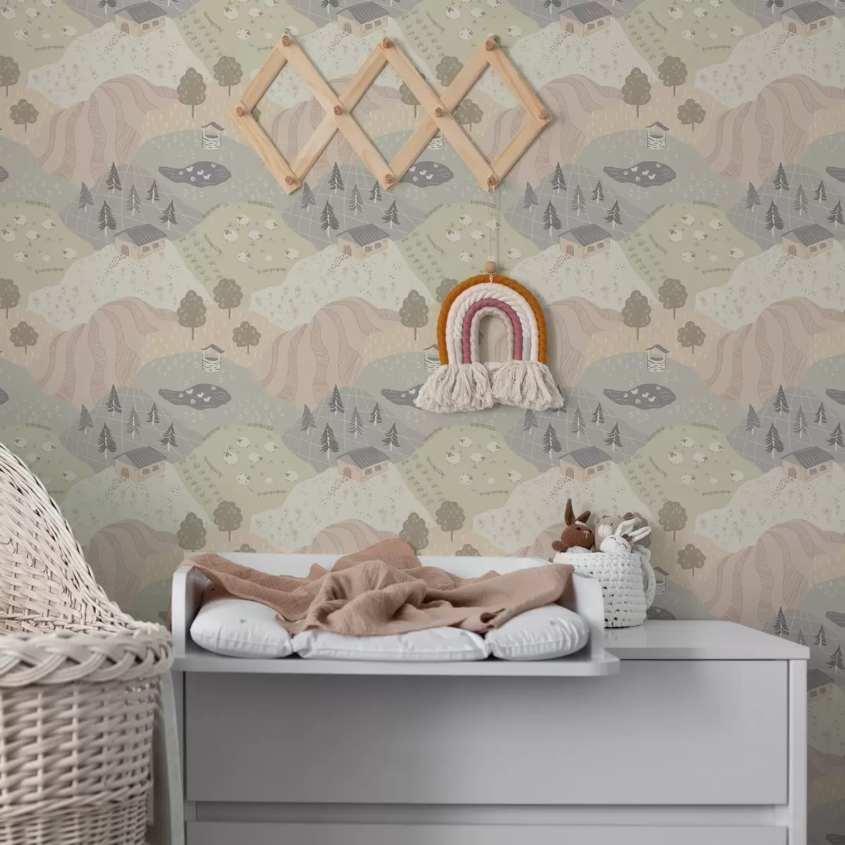 Taustakuva Satumainen maaseutu puineen, hanhine ja lampaineen a00728