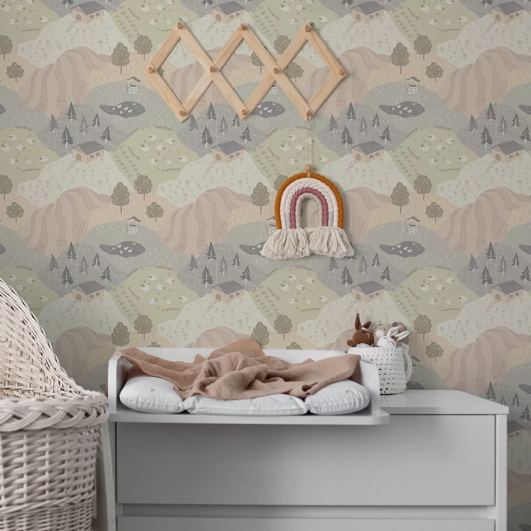 Valokuvatapetti Satumainen maaseutu puineen, hanhine ja lampaineen a00728