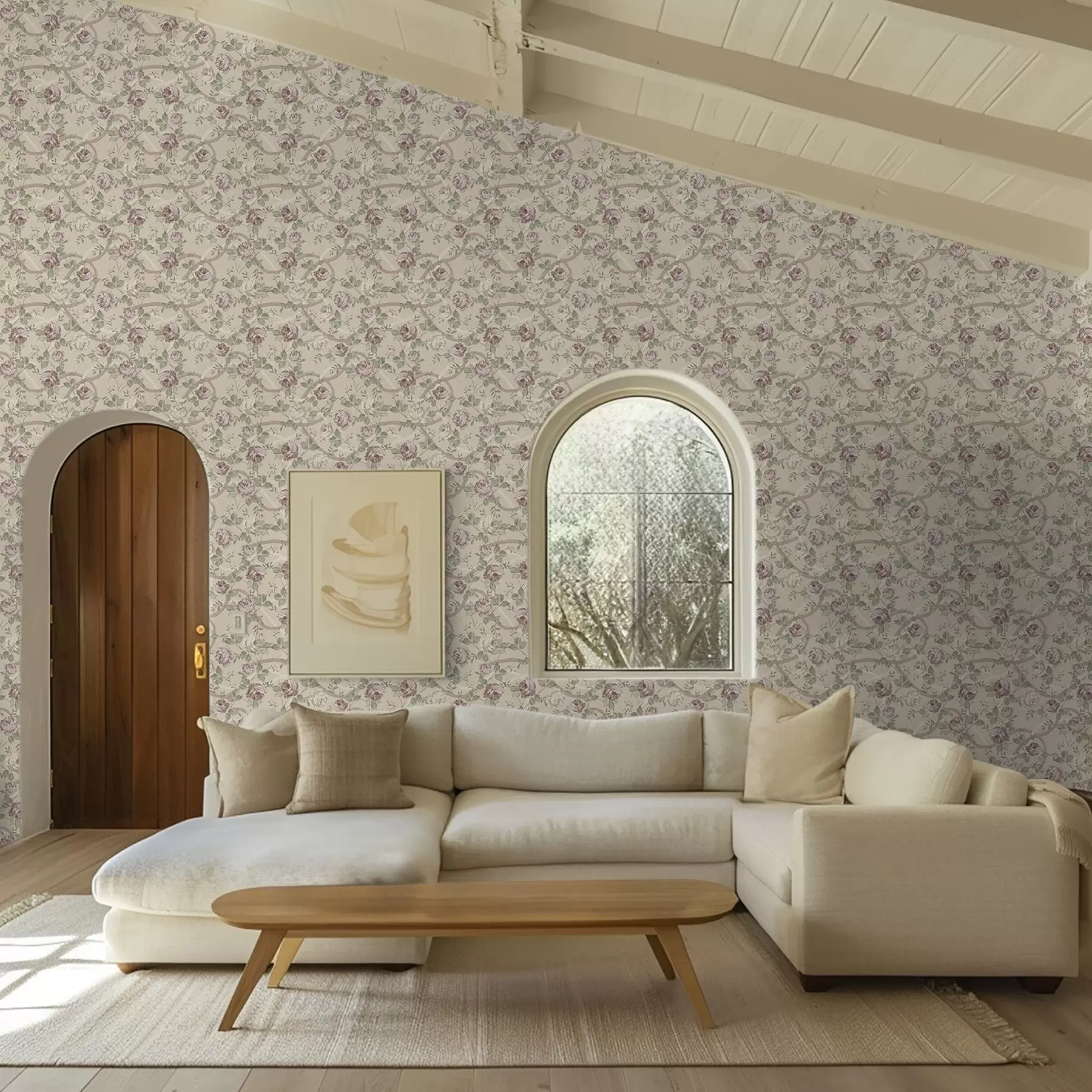 Valokuvatapetti Ruusut vihreillä lehdillä lämpimällä beige-taustalla a00729