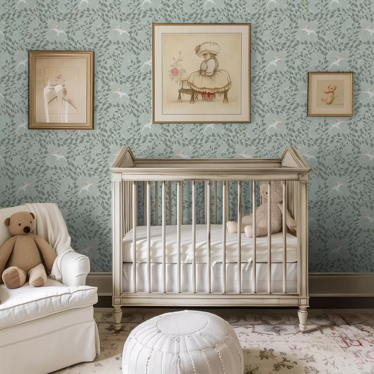 Taustakuva Valkoiset marjat ja linnut vihreällä taustalla a00731