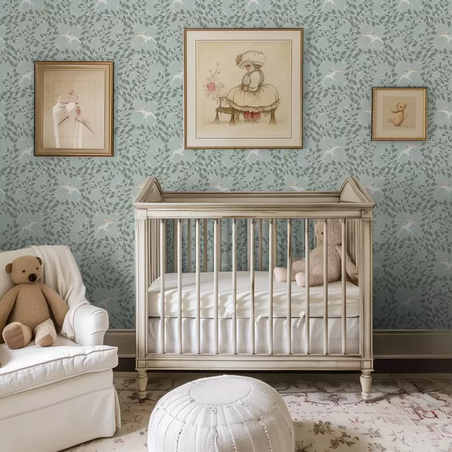 Valokuvatapetti Valkoiset marjat ja linnut vihreällä taustalla a00731