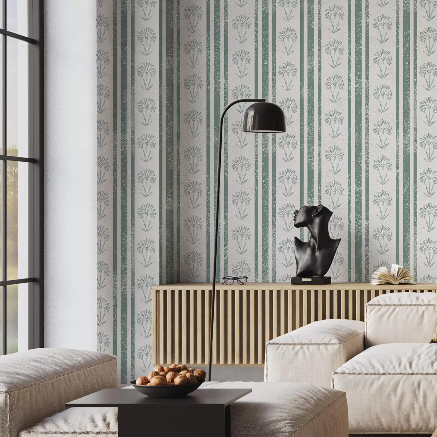 Valokuvatapetti Nauhamalli, jossa on vihreäsävyisiä kukkia a00732