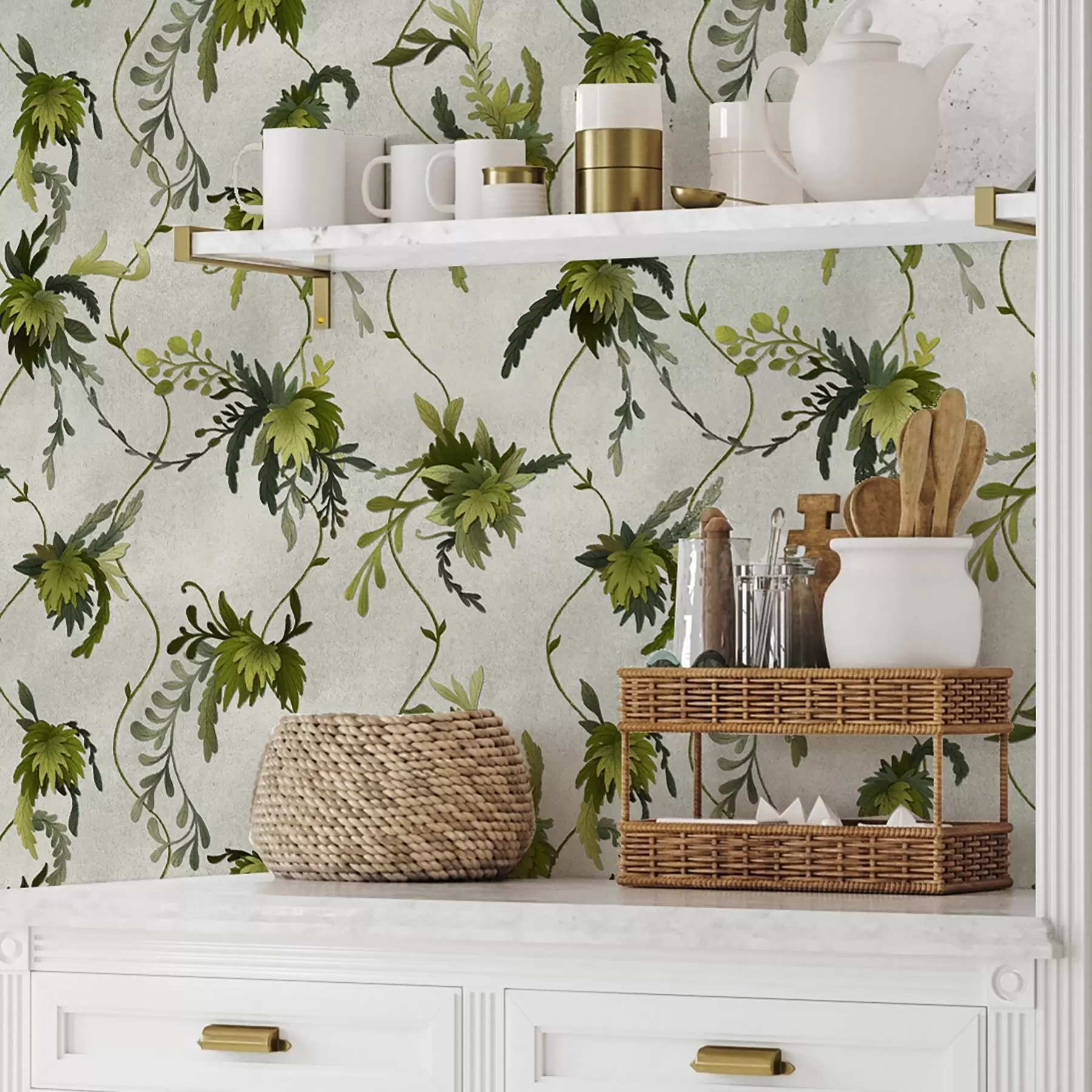 Valokuvatapetti Lehtien peittämät oksat vaalealla taustalla a00806