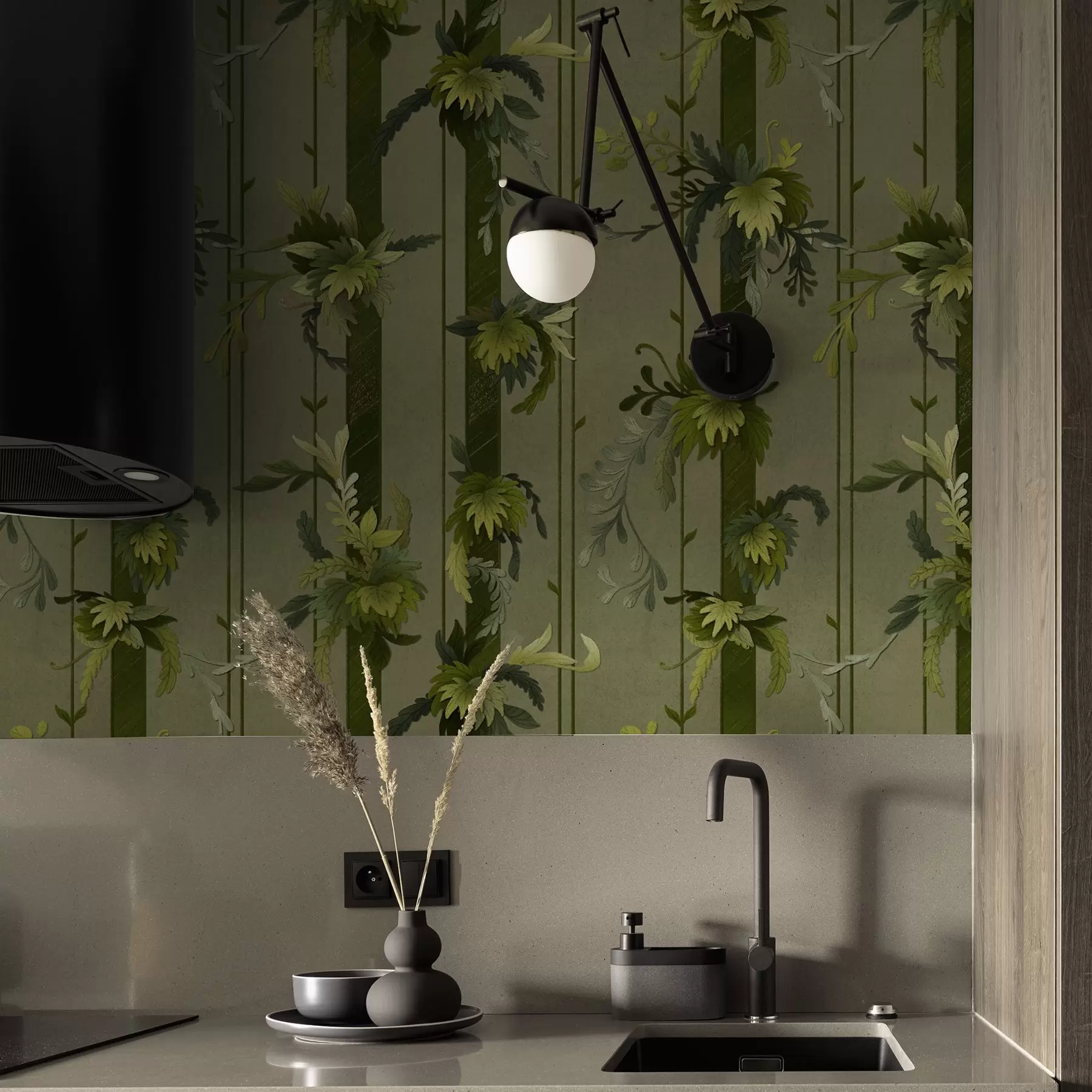 Valokuvatapetti Viiniköynnöksen lehdet ja rypäleterttuja vaaleanvihreissä vesiväri sävyissä a00807