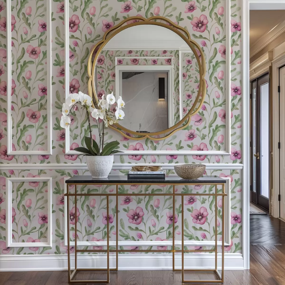 Taustakuva Hienostuneet vaaleanpunaiset unikot ja lehdet vesiväritekniikalla a00830