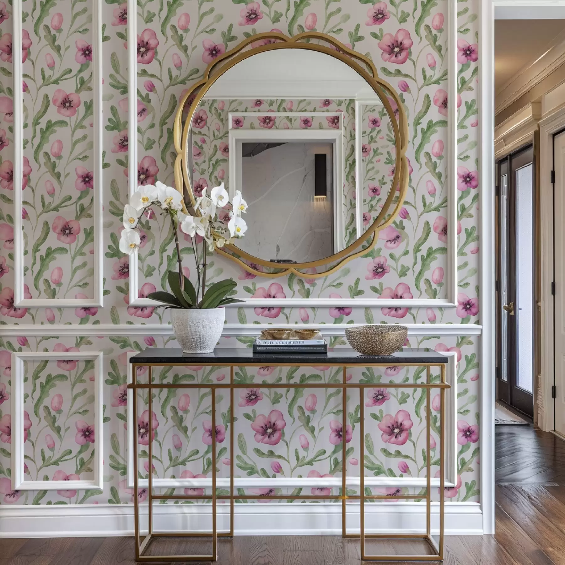 Valokuvatapetti Hienostuneet vaaleanpunaiset unikot ja lehdet vesiväritekniikalla a00830