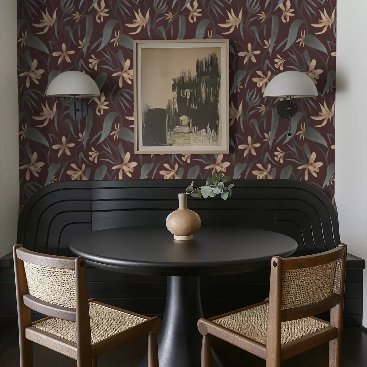 Taustakuva Kermanväriset kukat harmailla lehdillä viininpunaisella taustalla a00833