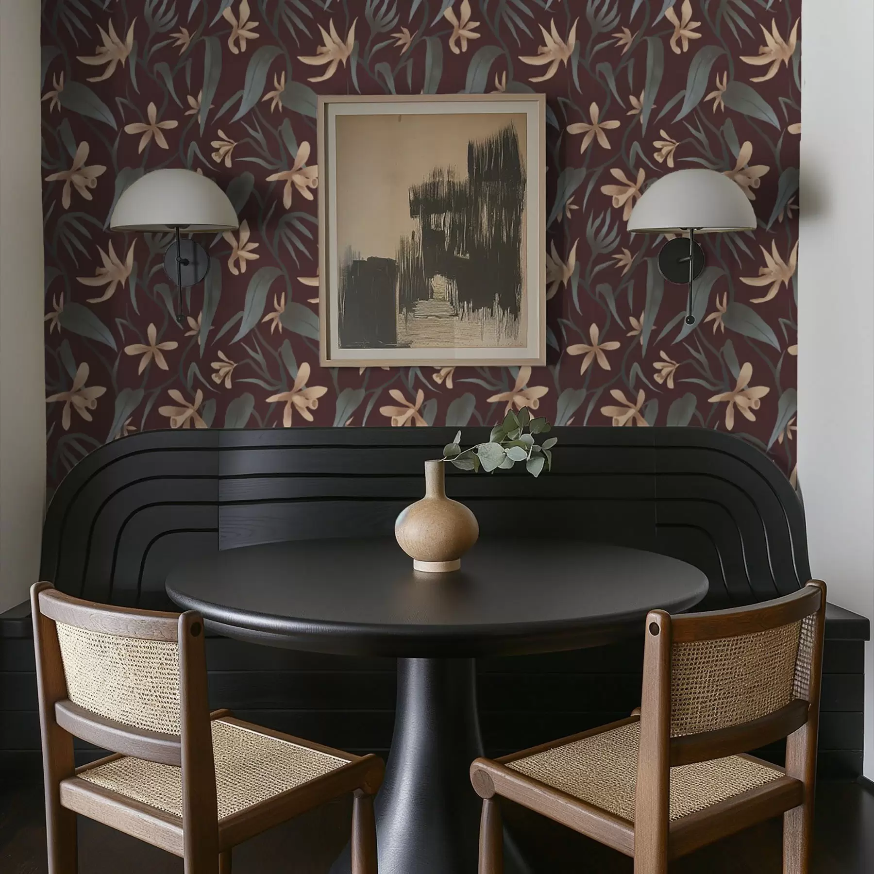 Valokuvatapetti Kermanväriset kukat harmailla lehdillä viininpunaisella taustalla a00833