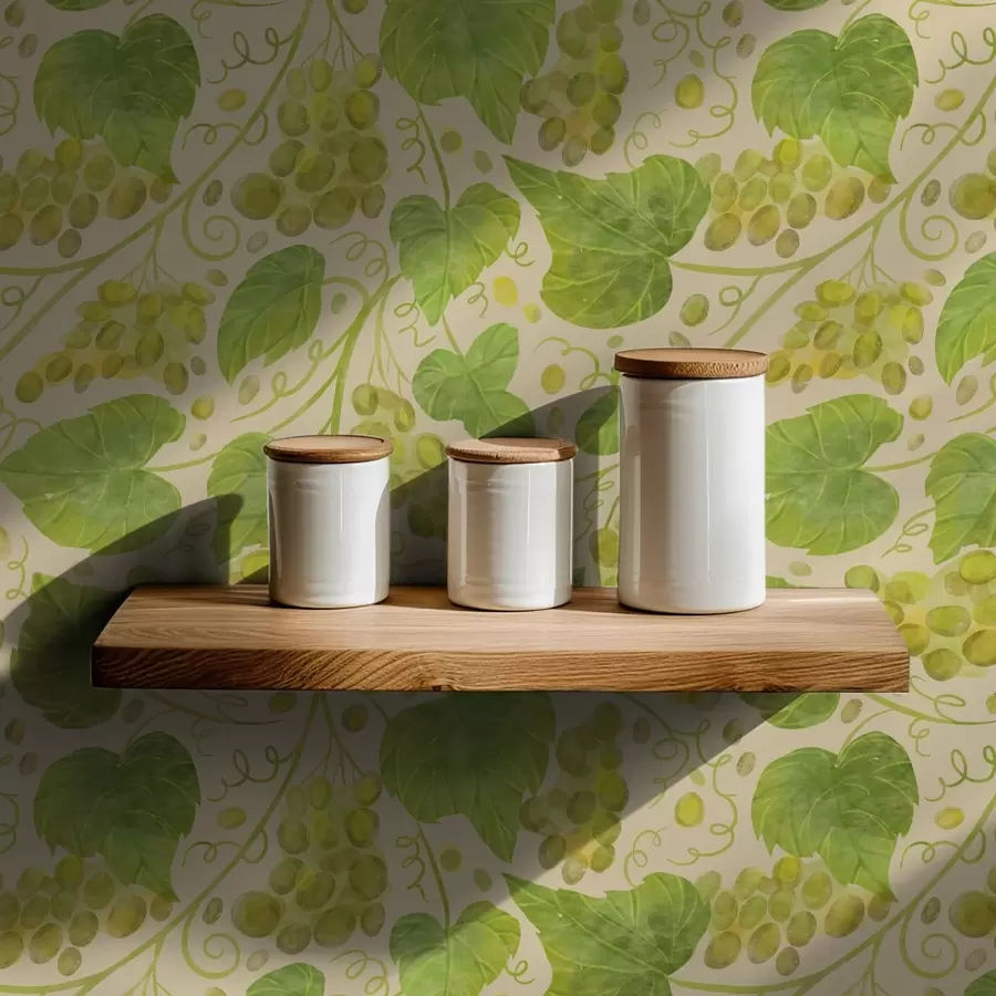 Valokuvatapetti Viinirypäleet ja vihreät lehdet vaalealla taustalla a00834