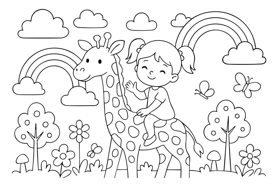 Valokuvatapetti mustavalkoinen piirros tytöstä kirahvin selässä, lasten värityskirjan tyylinen w04753