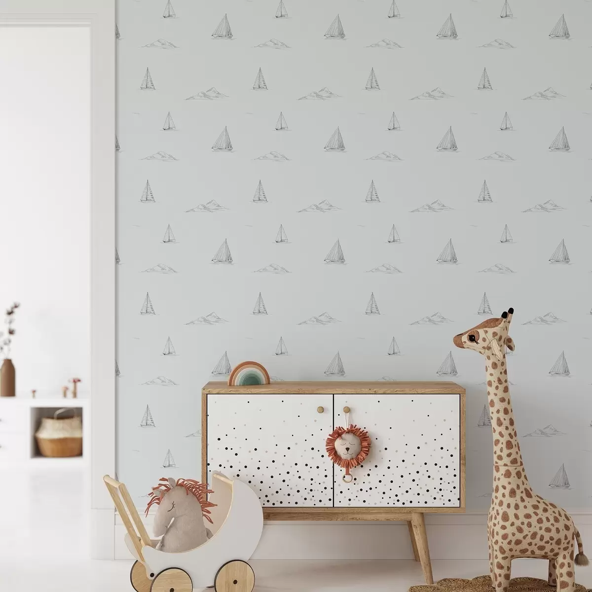 Taustakuva Piirrä purjeveneitä ja saaria, viileä sinisenharmaa tausta a00654