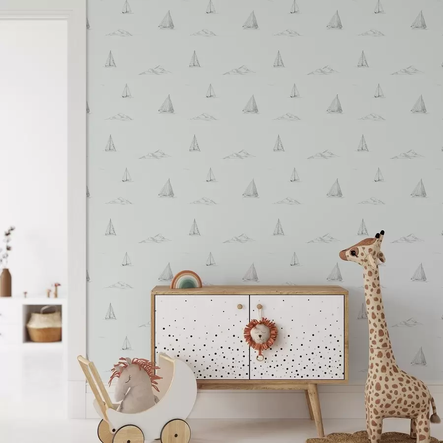 Valokuvatapetti Piirrä purjeveneitä ja saaria, viileä sinisenharmaa tausta a00654