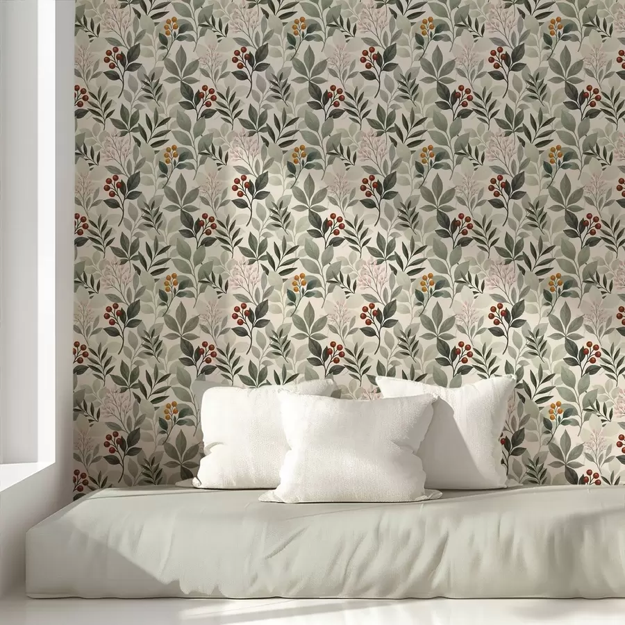 Valokuvatapetti Lehdet ja marjat, vaalea tausta a00713