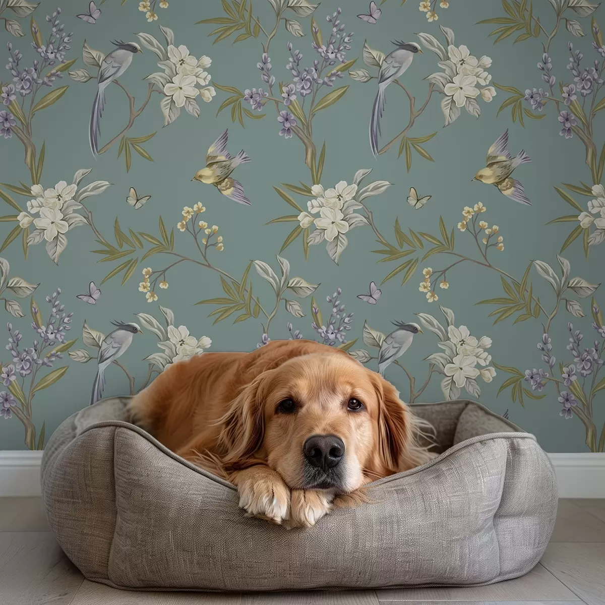 Taustakuva Linnut, kukat ja perhoset sinisenharmaalla taustalla a00735