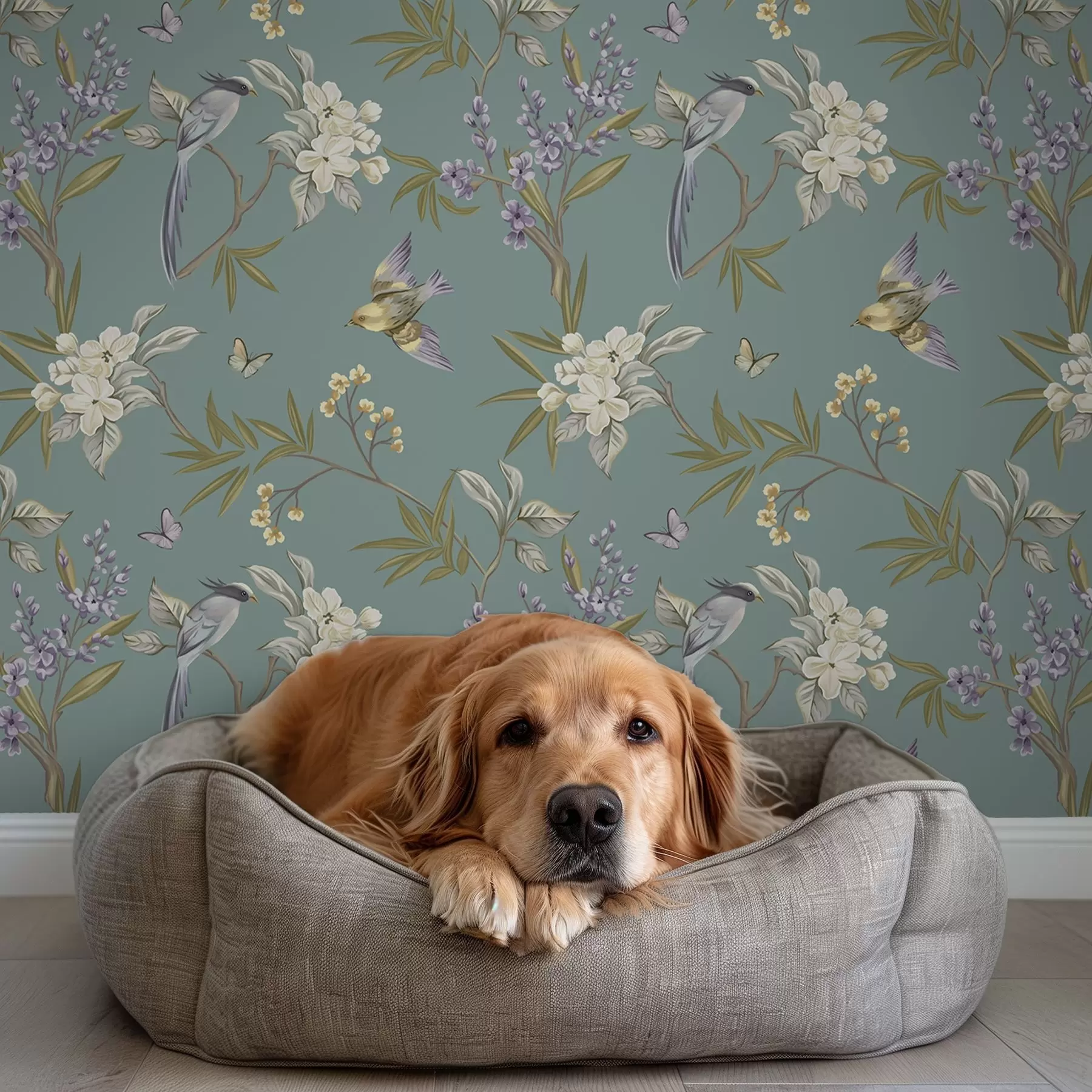 Valokuvatapetti Linnut, kukat ja perhoset sinisenharmaalla taustalla a00735