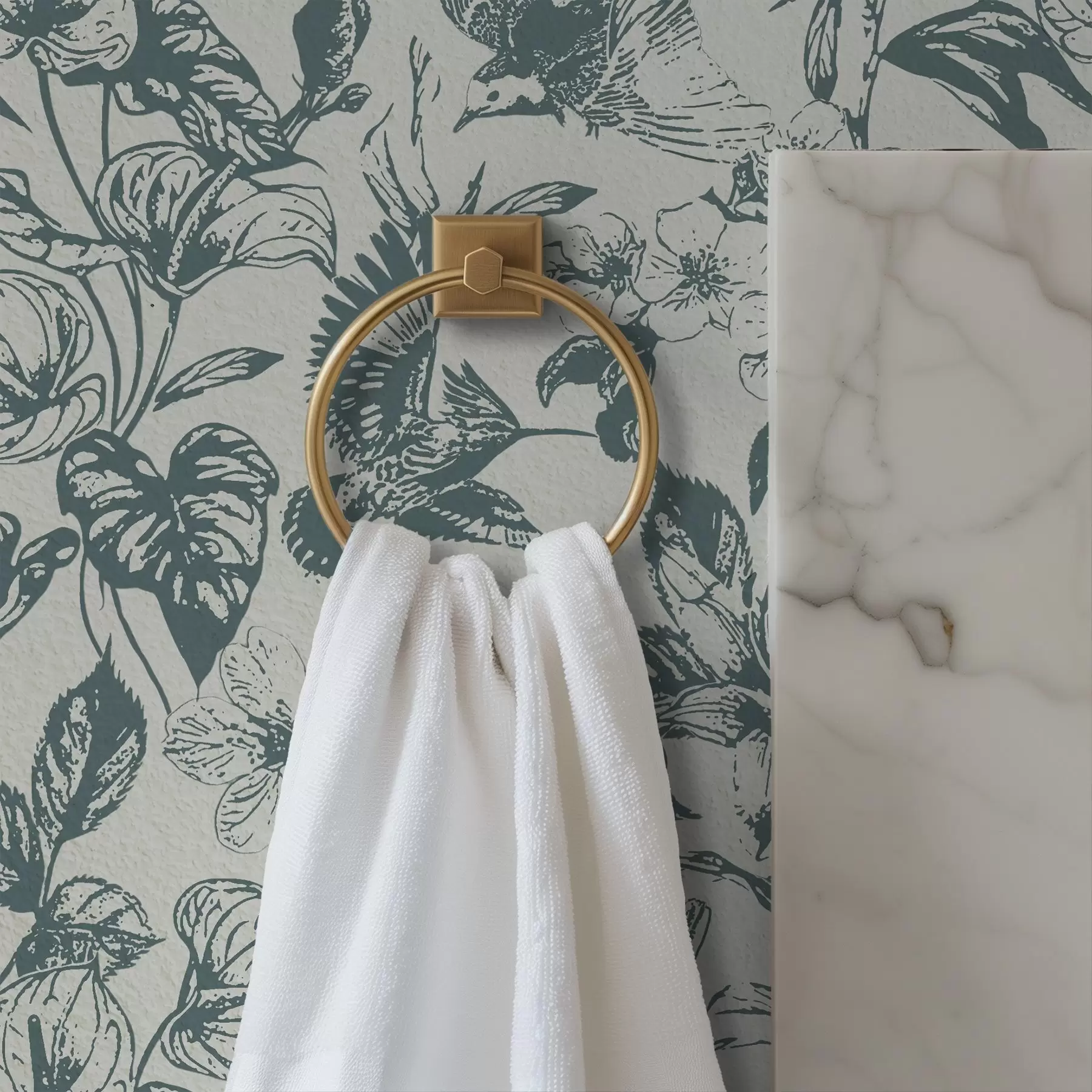 Valokuvatapetti Yksivärinen kukka-aiheinen koriste, jossa on lintuja a00737