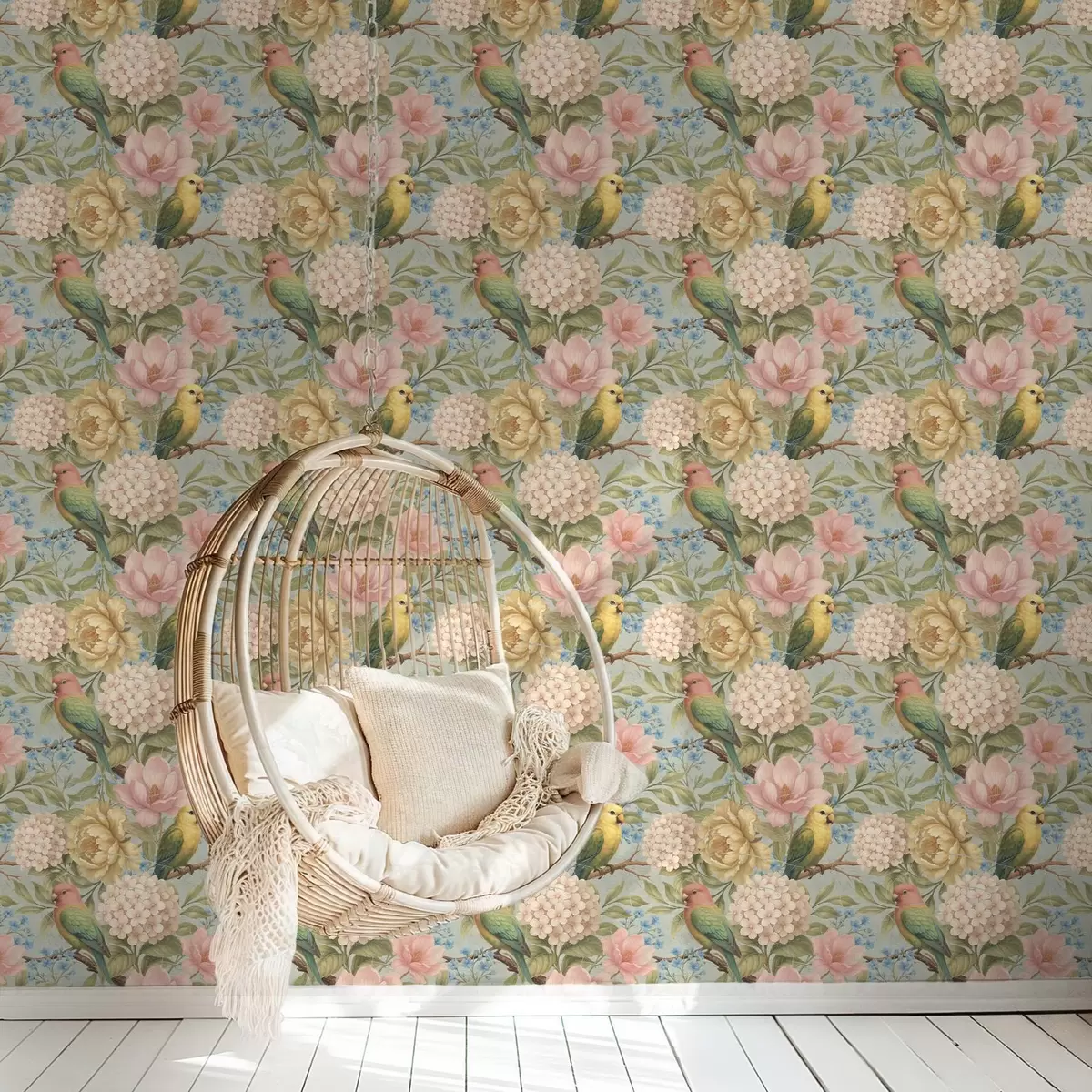 Taustakuva Papukaijat pionien, hydrangeoiden ja magnolioiden keskellä a00747