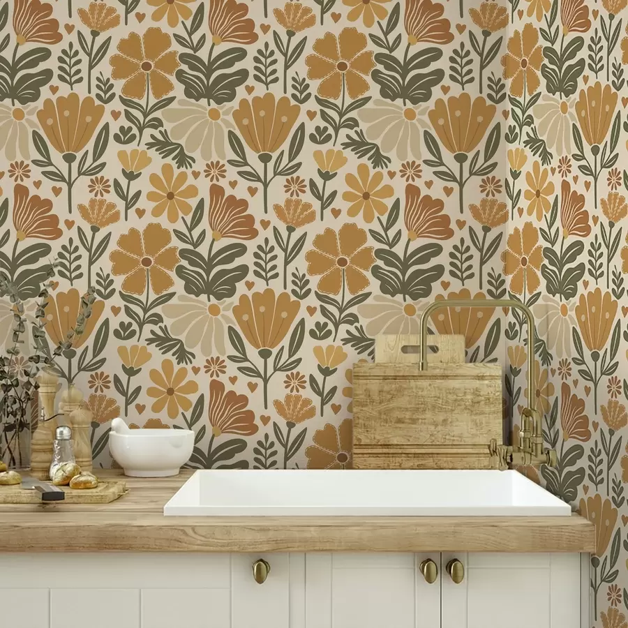 Valokuvatapetti Tyylitellyt kukat lämpimissä sävyissä sydämin a00752