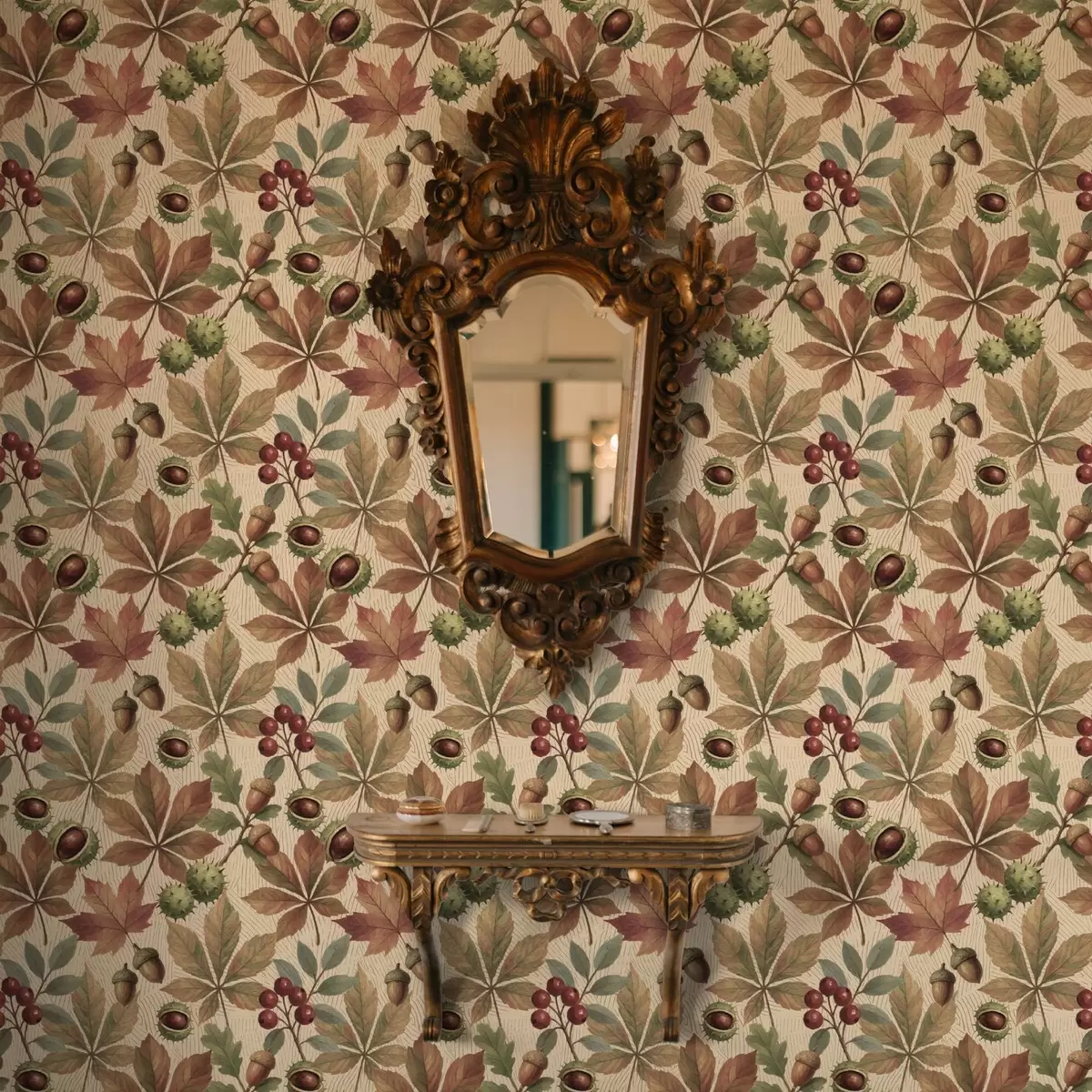 Taustakuva Syksyn lehdet, tammenterhot ja marjat beige-värisellä taustalla a00754