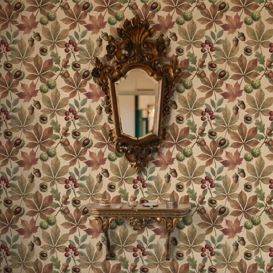 Valokuvatapetti Syksyn lehdet, tammenterhot ja marjat beige-värisellä taustalla a00754