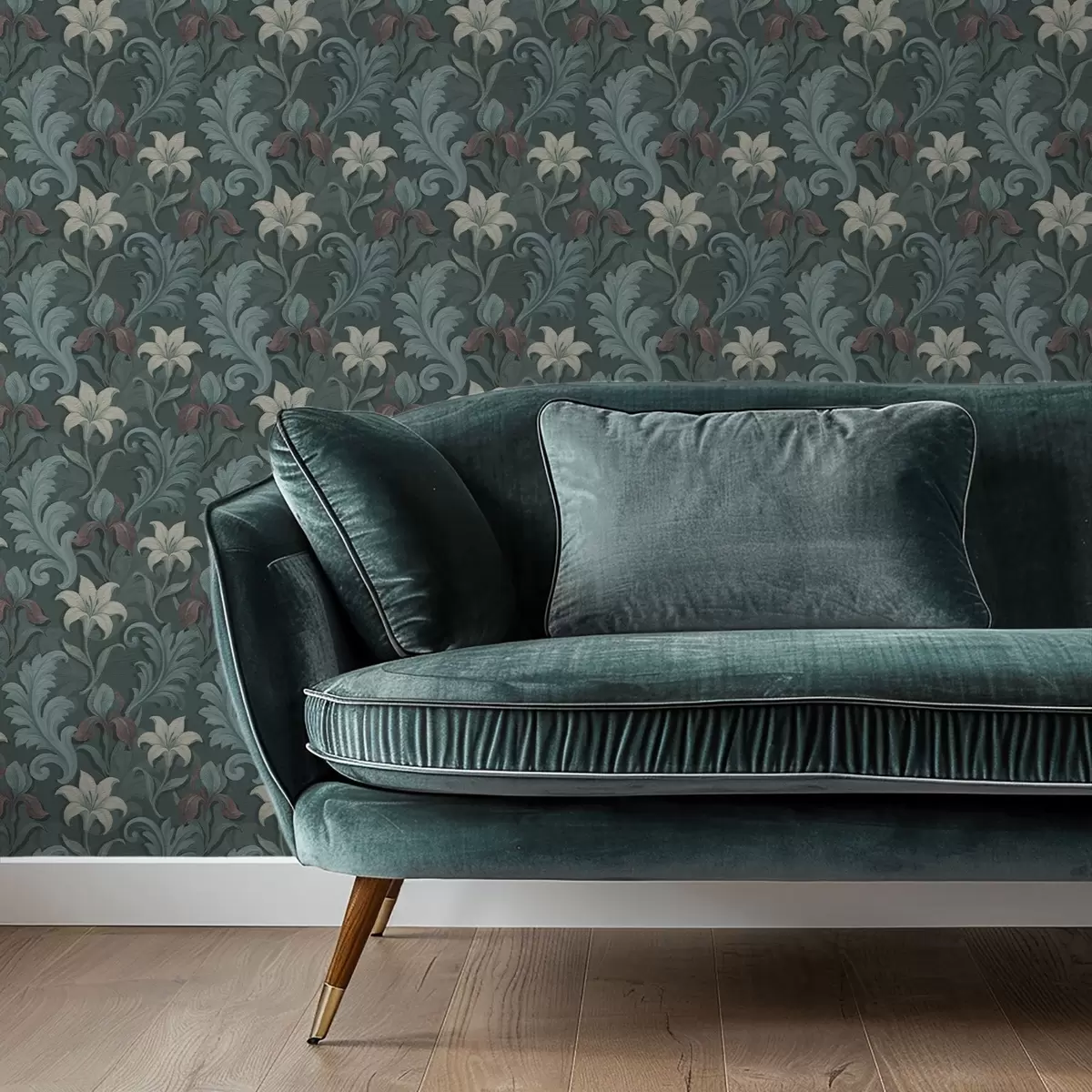 Taustakuva Tummanvihreä tausta, jossa iiriksia ja koristeellisia lehtiä a00755