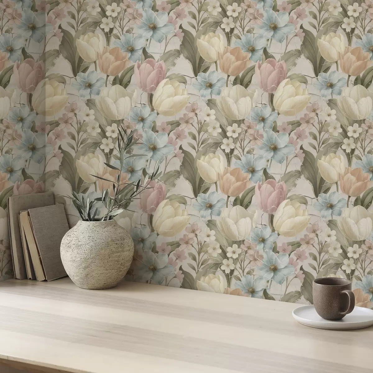Taustakuva Pastelliväriset tulppaanit ja kukat vaalealla halkeilevalla taustalla a00756