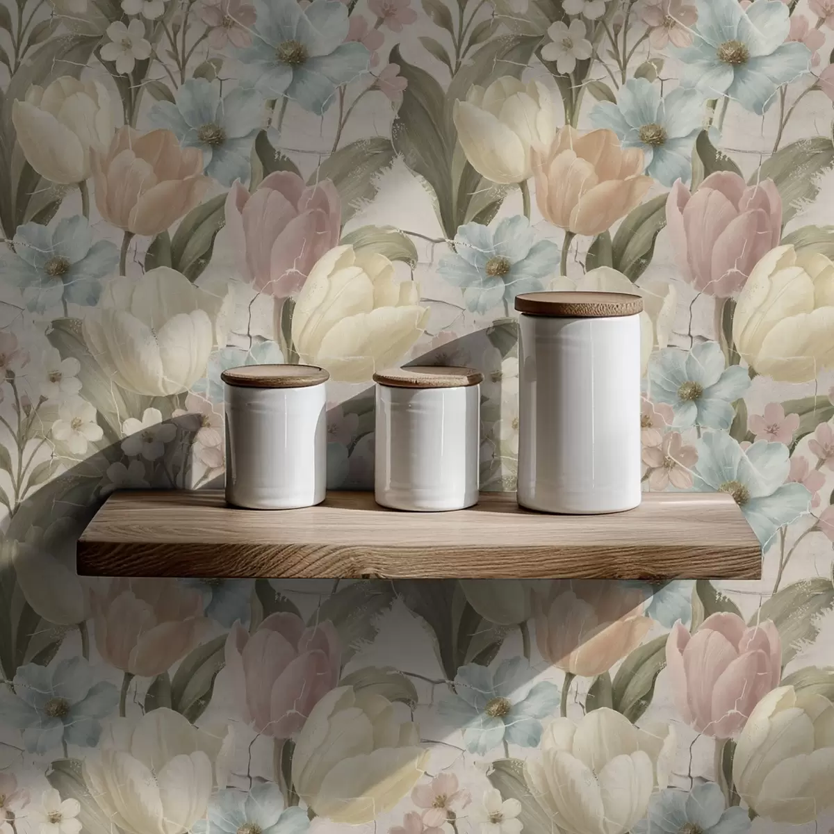 Taustakuva Pastelliväriset tulppaanit ja kukat vaalealla halkeilevalla taustalla a00756