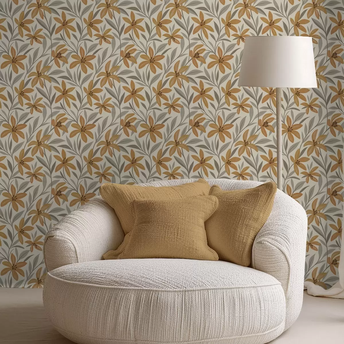 Taustakuva Keltaiset liljat ja harmaavihreät lehdet vaalealla taustalla a00757