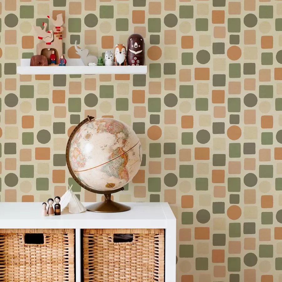 Valokuvatapetti Lämpimien sävyjen geometrinen kuvio neliöistä ja ympyröistä a00759