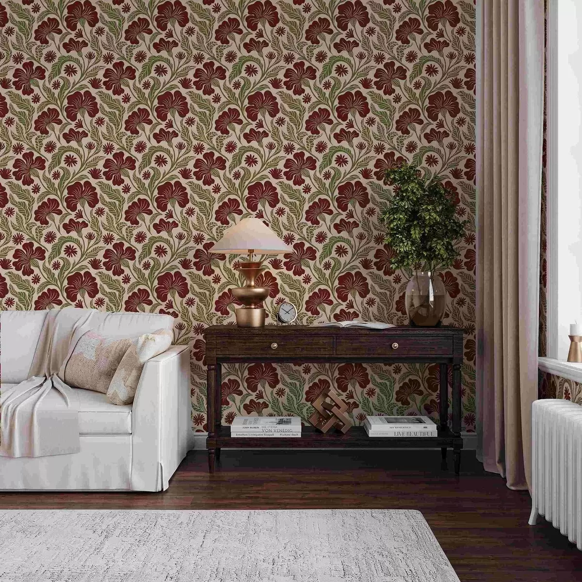 Taustakuva Burgundinpunaiset kukat ja vihreät lehdet vaalealla taustalla a00761