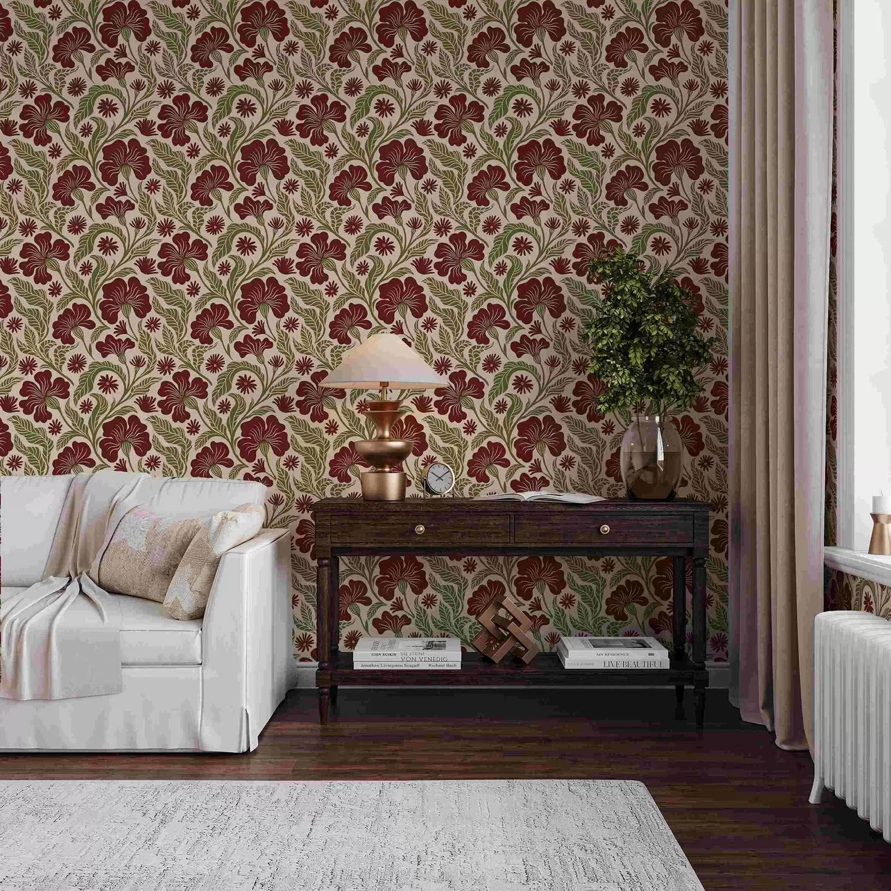 Valokuvatapetti Burgundinpunaiset kukat ja vihreät lehdet vaalealla taustalla a00761