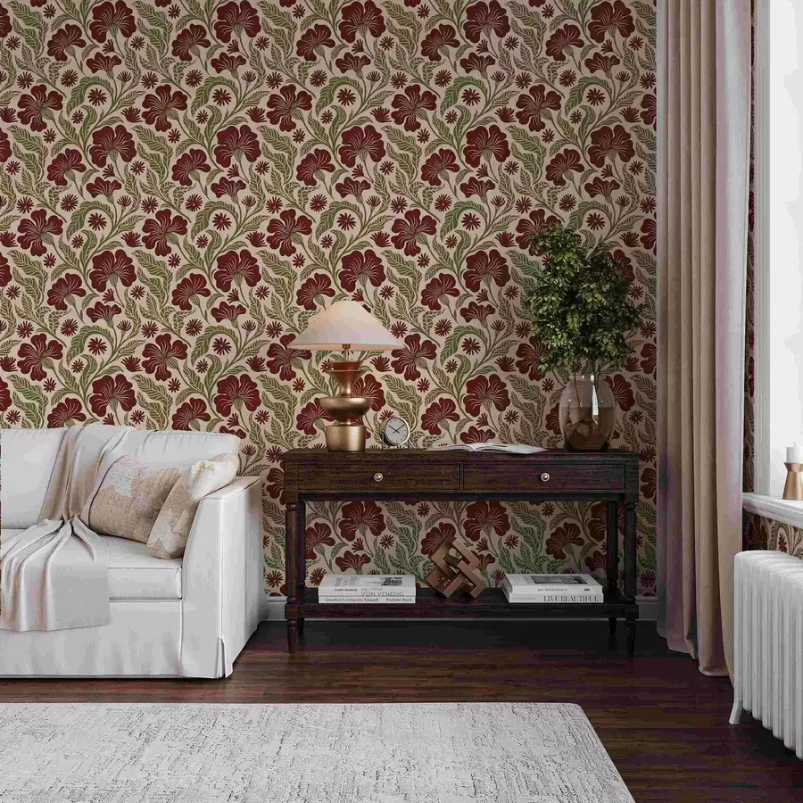 Valokuvatapetti Burgundinpunaiset kukat ja vihreät lehdet vaalealla taustalla a00761