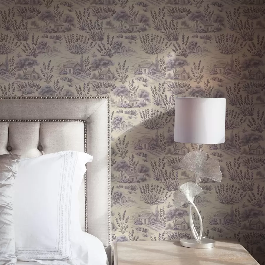 Valokuvatapetti Laventelipellot ja pastellisävyiset talot a00765