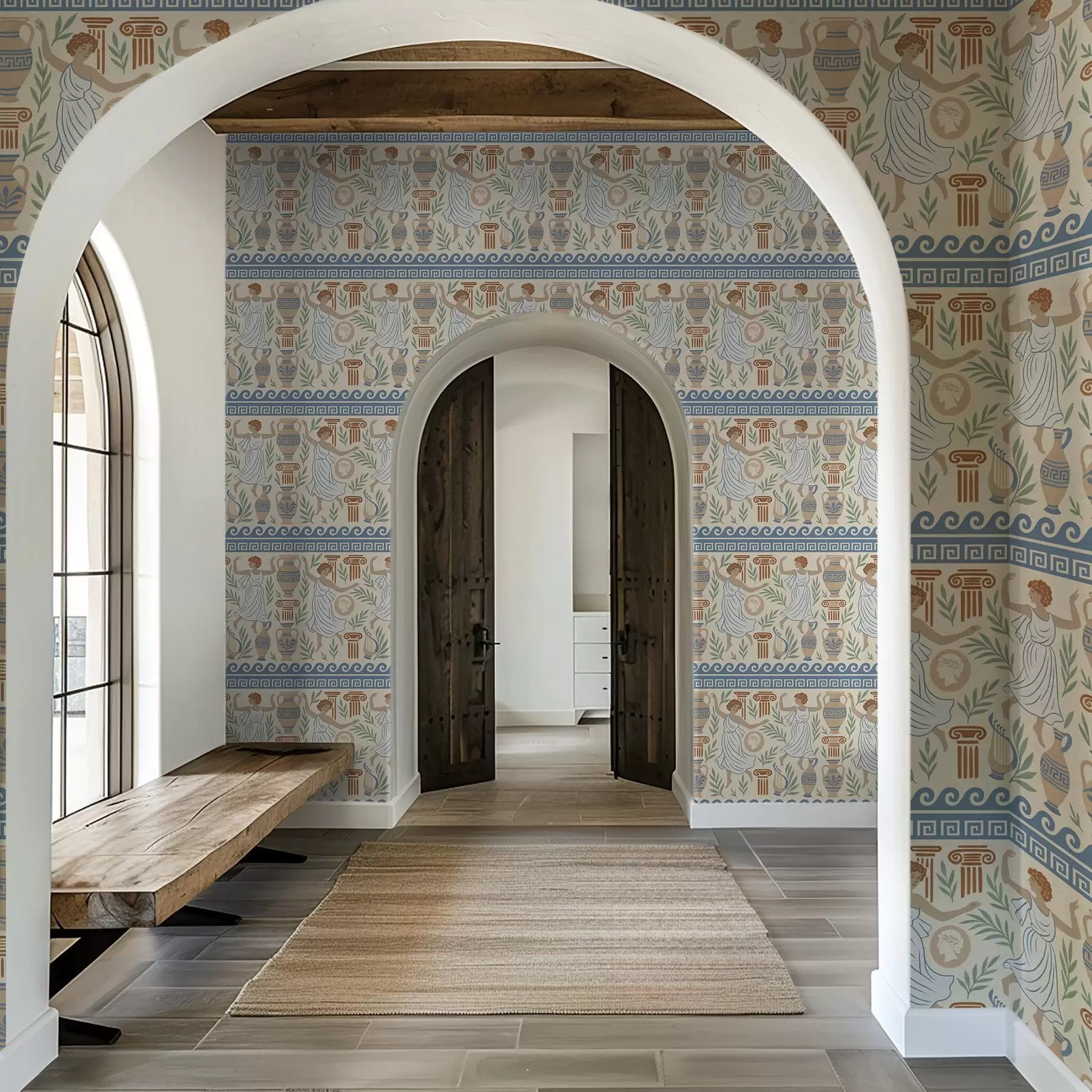 Valokuvatapetti Antiikin Kreikan koriste, jossa on hahmoja, maljakoita ja pylväitä a00768