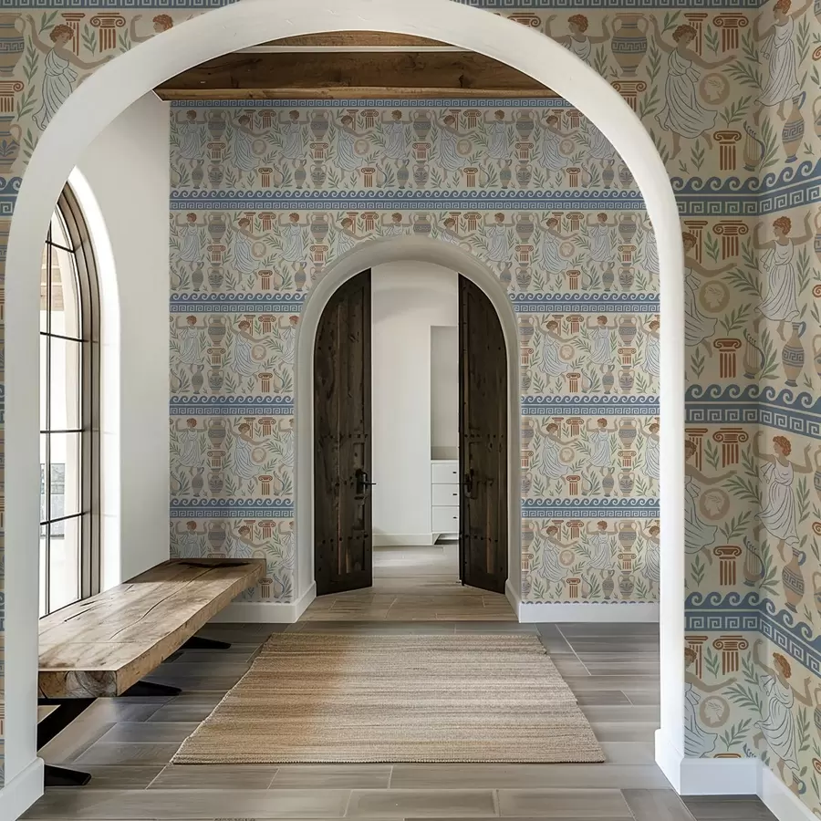 Valokuvatapetti Antiikin Kreikan koriste, jossa on hahmoja, maljakoita ja pylväitä a00768