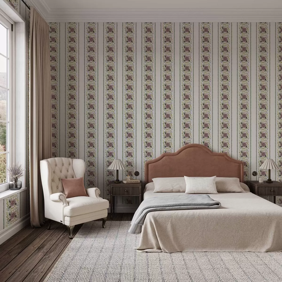 Taustakuva Vertikaaliset kukka-raidat lila-sinisissä sävyissä a00809