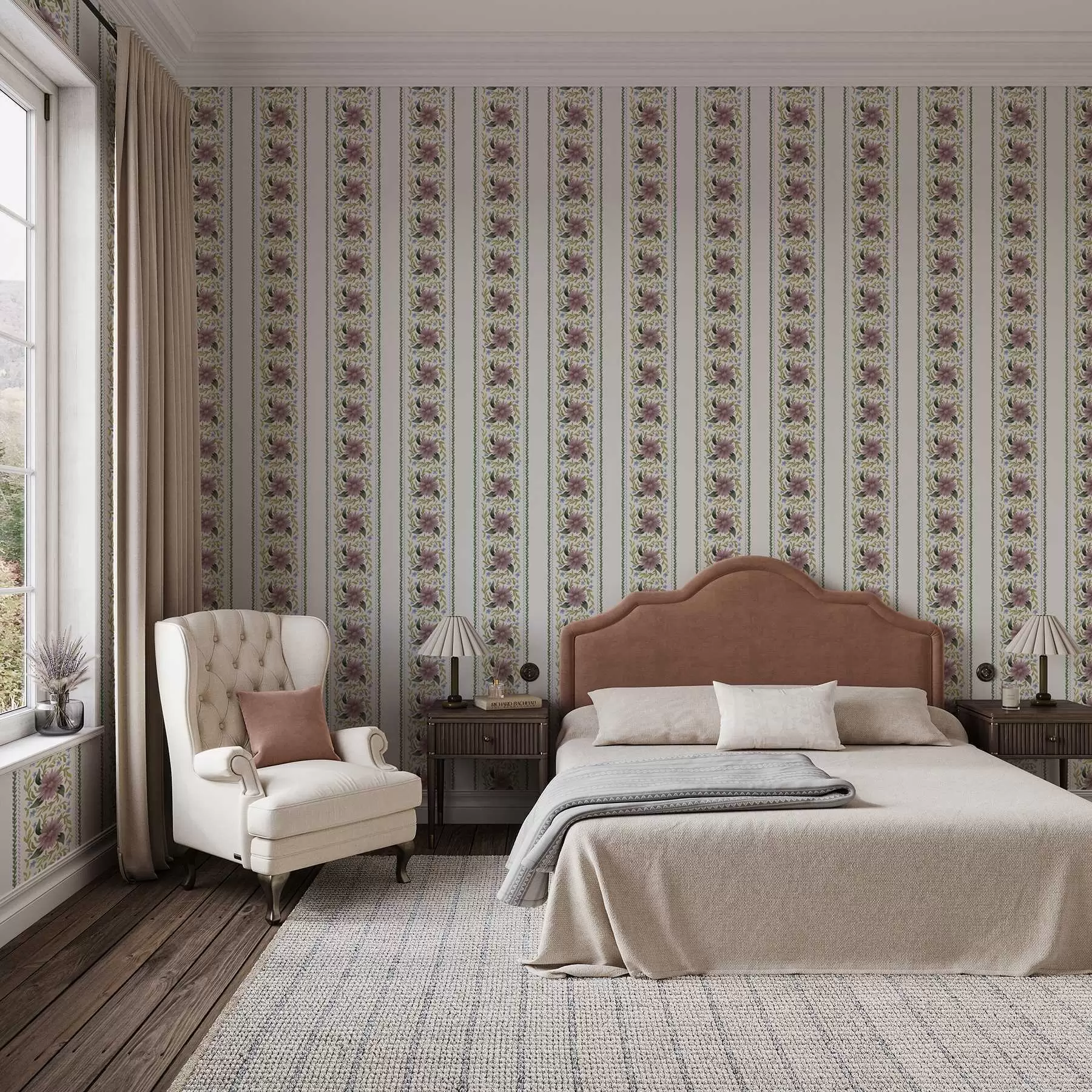 Valokuvatapetti Vertikaaliset kukka-raidat lila-sinisissä sävyissä a00809